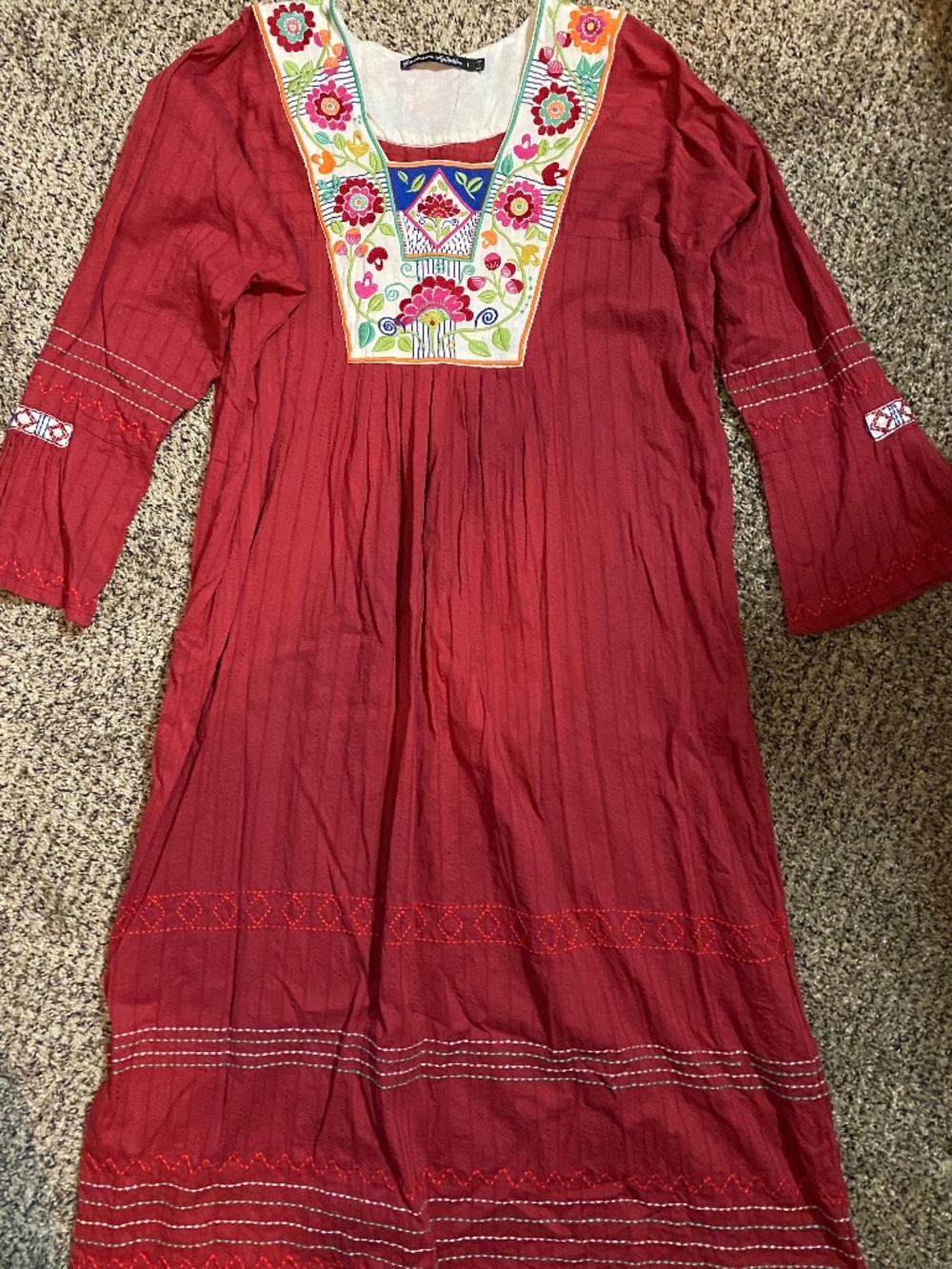 Gudrun Sjoden Size Large Red Maxi Dress with Floral Embroidery & Bell Sleeves